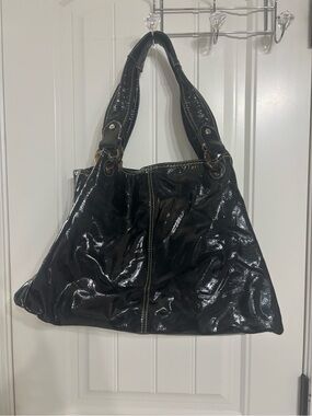 Vintage Fossil Glossy Black Patent Shoulder Bag with Double Handles